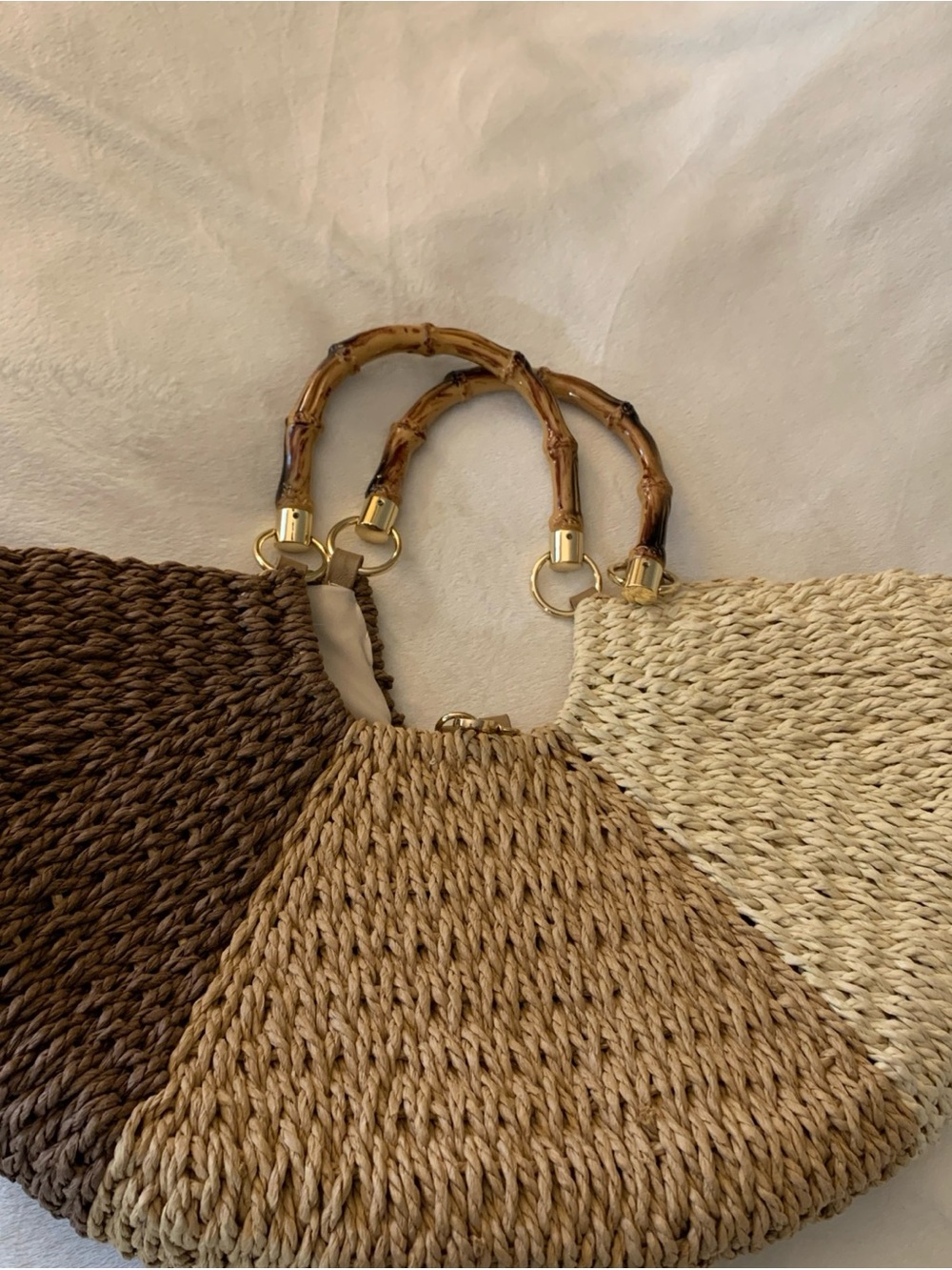 INC International Concepts Tri-Tone Woven Straw Shoulder Bag with Bamboo Handles